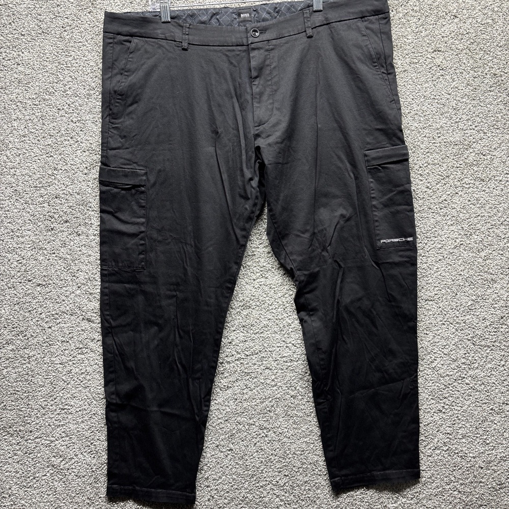 Porsche x Hugo Boss Mens 42x30 Cargo Pants Flat Front Stretch Chinos Black Zip
